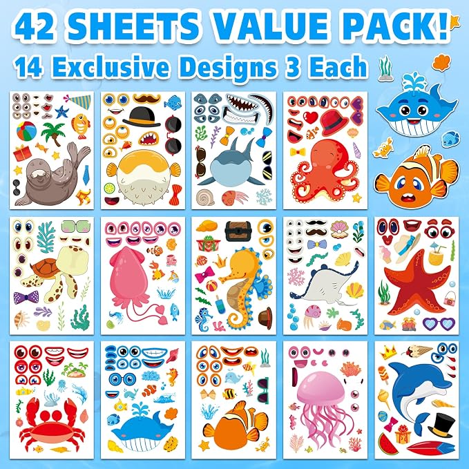 Aowplc 42 Pcs Ocean Animals Make-a-Face Sticker Sheets - Image 2
