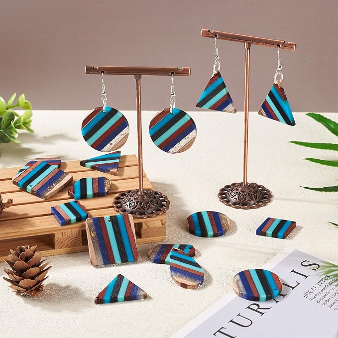 FASHEWELRY Striped Resin Wood Earrings Charms Cyan Rhombus Teardrop Flat Round - Image 3