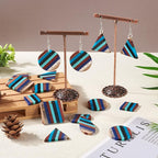 FASHEWELRY Striped Resin Wood Earrings Charms Cyan Rhombus Teardrop Flat Round - Image 3