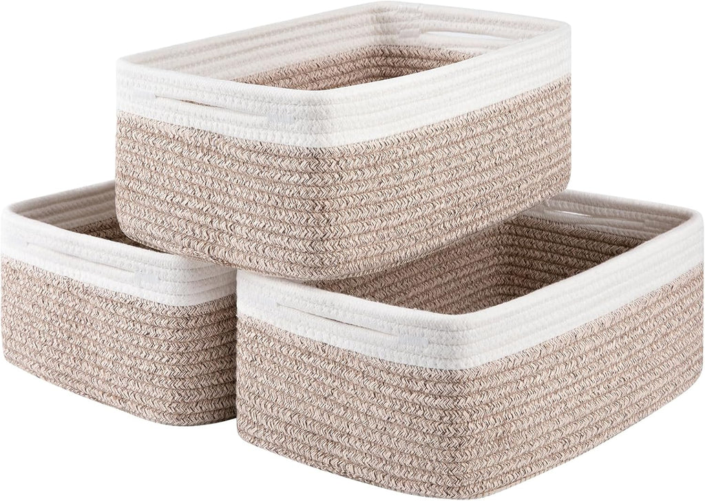 3 Pack Small Storage Baskets for Organizing, Cute Woven Decorative Gift Baskets for Shelves, Mini Closet Organizer Bins with Handles-13''Lx8.66''Wx5.11''H-Brown and White