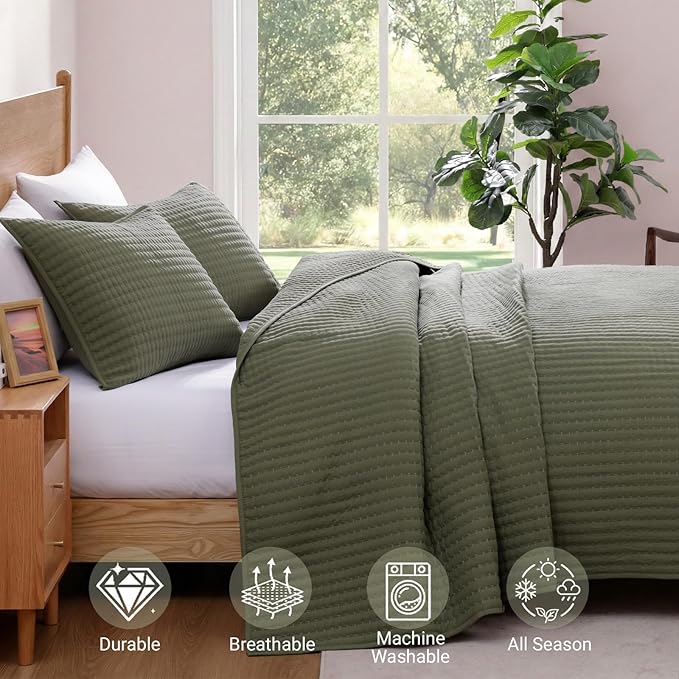 WRENSONGE Twin Quilt-2 Pieces Lightweight Bedspreads Olive Green Twin Quilt - Image 4