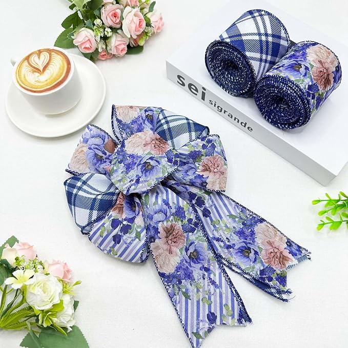 Blue Floral Wired Ribbon 2 Rolls, 2.5 Inch x 20 Yards Vintage Blue and White - Image 7