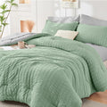 HYMOKEGE Sage Green/Light Grey Queen Comforter Set Seersucker 7 Pieces by HYMOKEGE