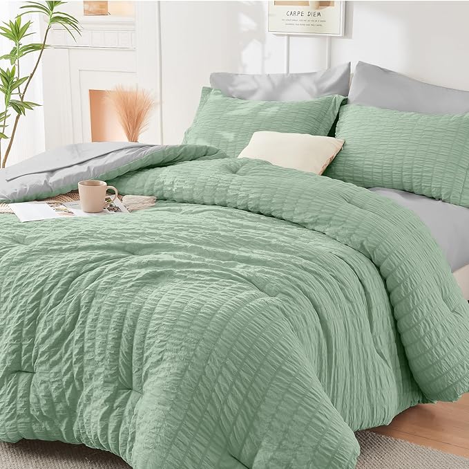 HYMOKEGE Sage Green/Light Grey Full Size Comforter Sets Seersucker 7 Pieces by HYMOKEGE