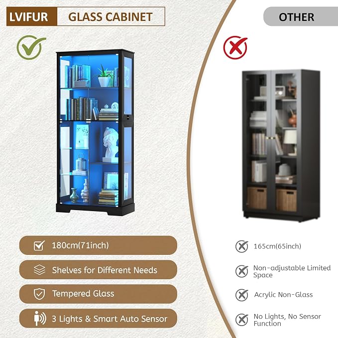 71” Display Cabinet with Glass Doors, Modern Curio Cabinet with 3 Color Lights - Image 7