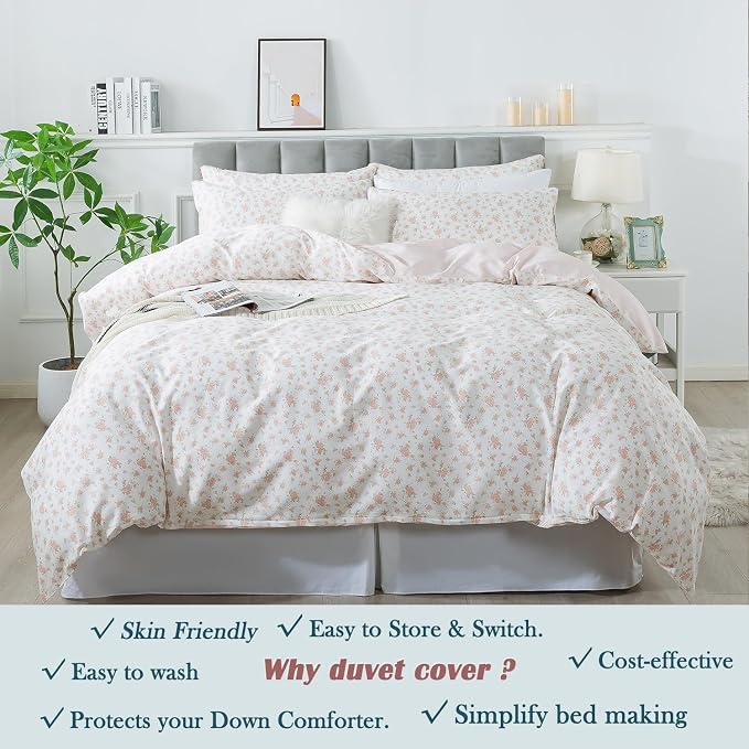 FADFAY Queen Duvet Cover Set Pink Floral Comforter Cover 100% Cotton Girls Pink - Image 8