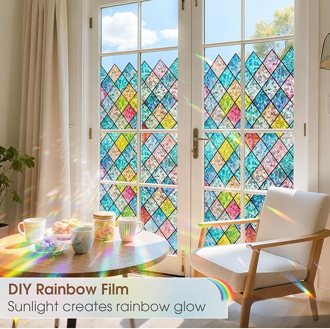 Coavas Window Privacy Film Stained Glass Window Clings 3D Rainbow Film - Image 7