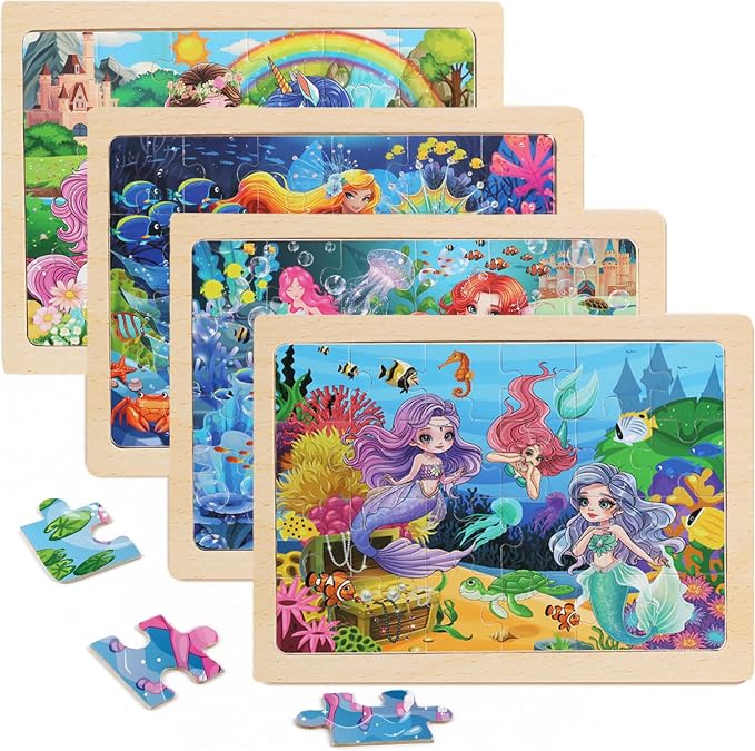 Wooden Puzzles for Kids Ages 4-6, 4 Packs 24 PCs Unicorn Mermaid Princess Fairy by Unknown