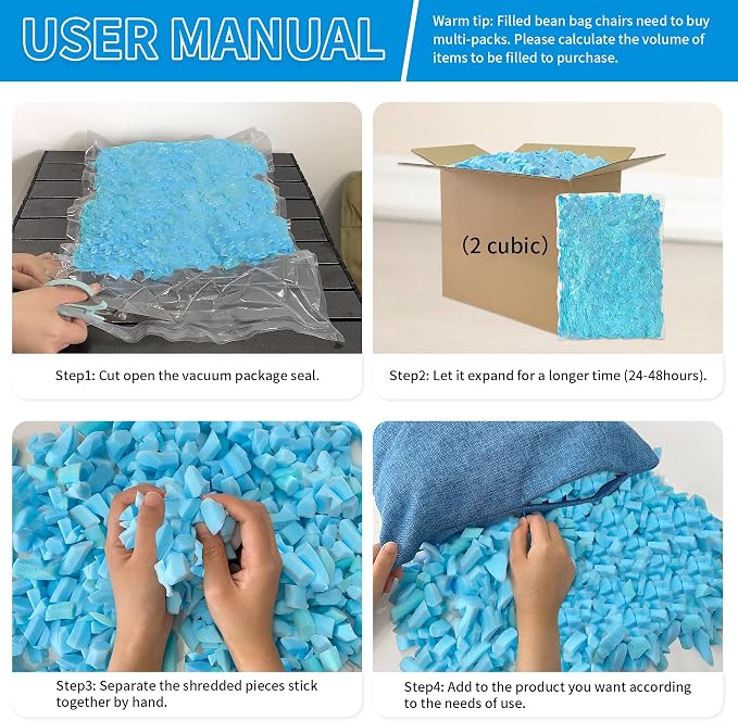 Welacer Bean Bag Filler, 15lbs Blue Shredded Memory Foam Filling - Image 6