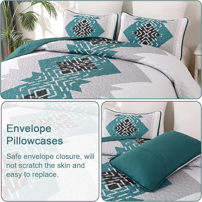 Dintszyayue Boho Quilt Set King 3 Pieces Teal Aztec Texture Bedspread Coverlet - Image 4