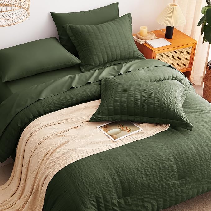 CozyLux Queen Comforter Set Olive Green Seersucker 7 Pieces Bed in a Bag Queen - Image 6