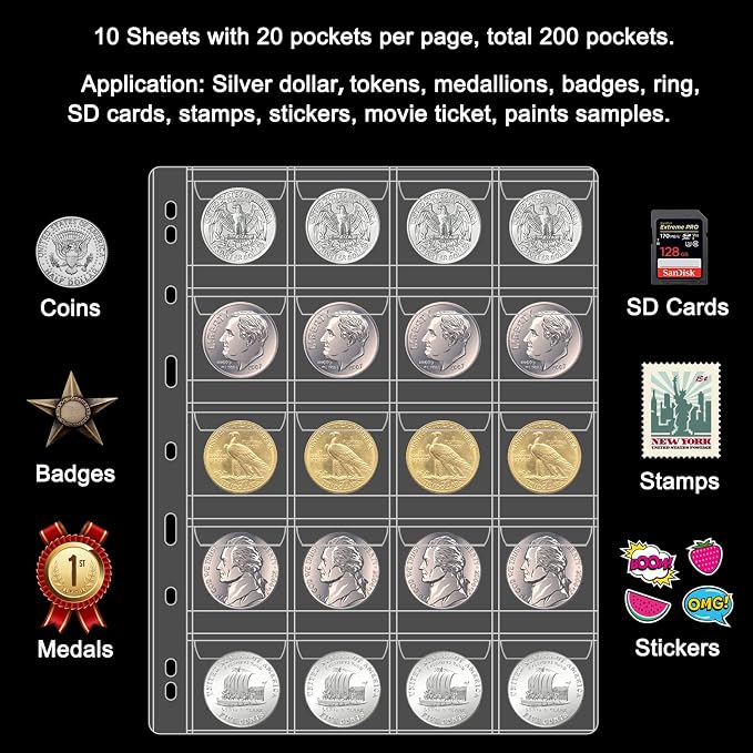 20 Pocket Coin Pages for Collectors, 10 Sheets Coins Sleeves Coin Holders Stamp - Image 2
