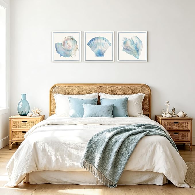 Seashell Wall Decor Ocean Beach Nautical Canvas Wall Art Blue Seashell Painting - Image 4