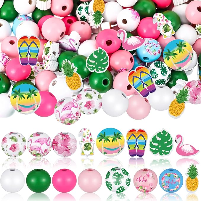 Bencailor 200 Pcs Flamingo Wood Beads Summer Wooden Beads by Bencailor
