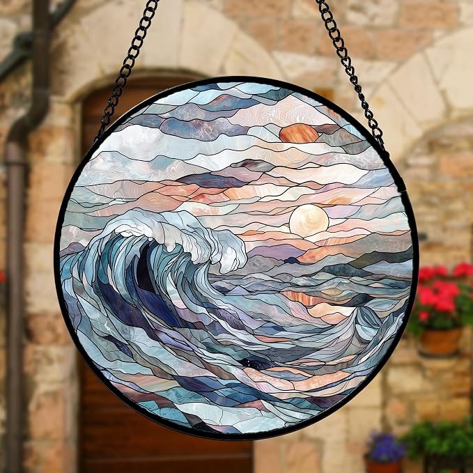DASTOLL Stained Glass Window Hanging, Sunrise Waves Sun Catchers Diamond Glass - Image 2