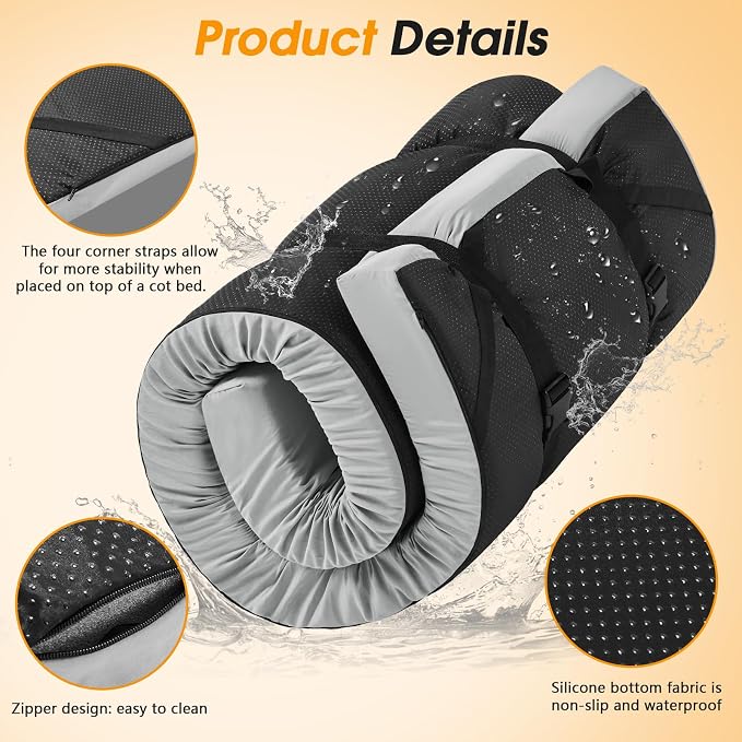 CYMULA Camping Cot Mattress 2in Memory Foam Sleeping Pad, Soft Warm Non-Slip - Image 8