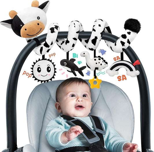 Spiral Car Seat Baby Toys 0-6 Months, Infant Carseat High Contrast Sensory Toys Hanging Stroller Accessories, Newborn for Baby Boys Girls Essentials Stuff, Cute Black and White Cow