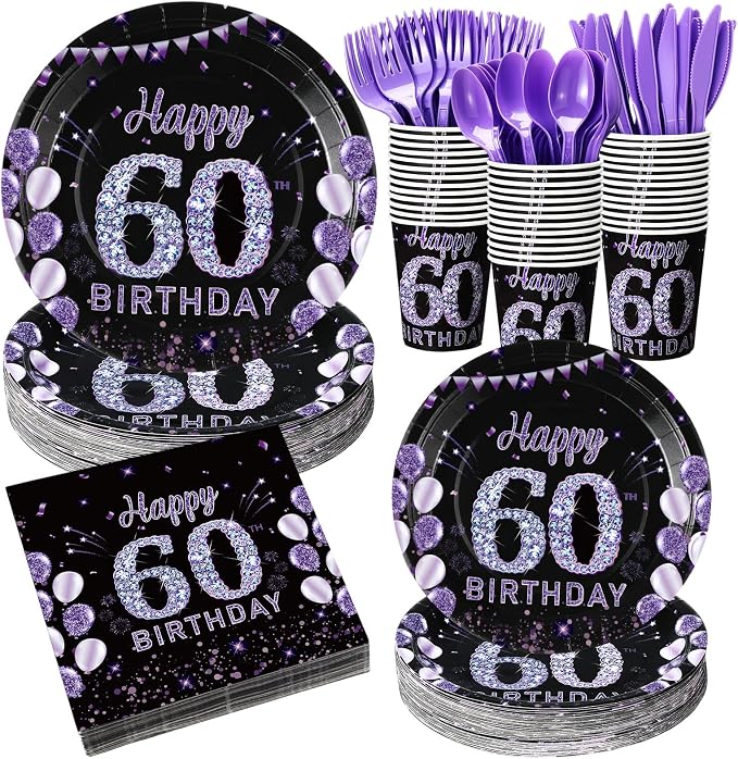 Pickmesh 400 Pcs 60th Birthday Party Supplies Purple Black Happy Birthday by Pickmesh