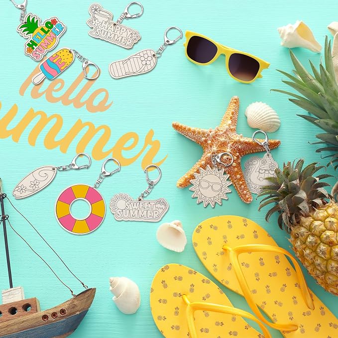 RattanView 24 Pcs Summer Party Craft Color Your Own Keychains Diy Craft Wooden - Image 7