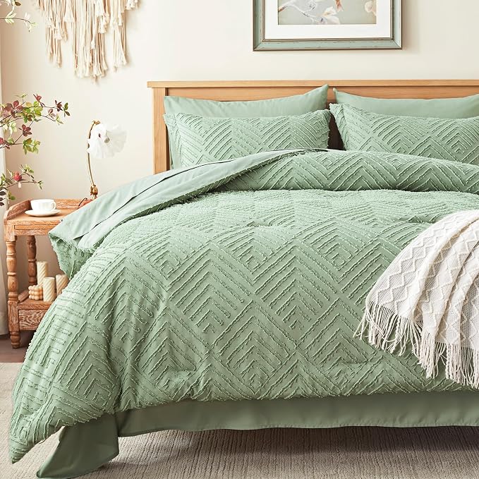 Zzlpp Full Comforter Set 7 Pieces, Sage Green Tufted Bed in a Bag by ZZLPP