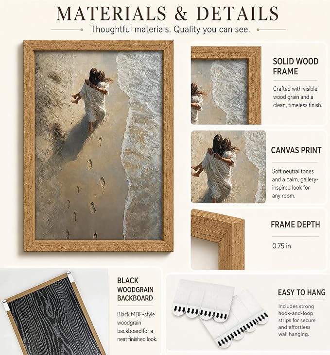 Framed Jesus Holding Woman Canvas Print.Footprints in The Sand Wall Art.Wood - Image 3