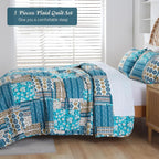 Mybedsoul Dusty Blue Quilt Set King Size, 3 Pieces Plaid Floral Bedspread Set - Image 3