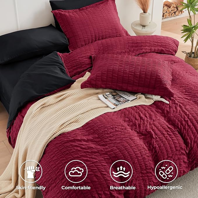HYMOKEGE Dark Red/Black Duvet Cover Full Size, Ultra Soft 3-Piece Seersucker - Image 3