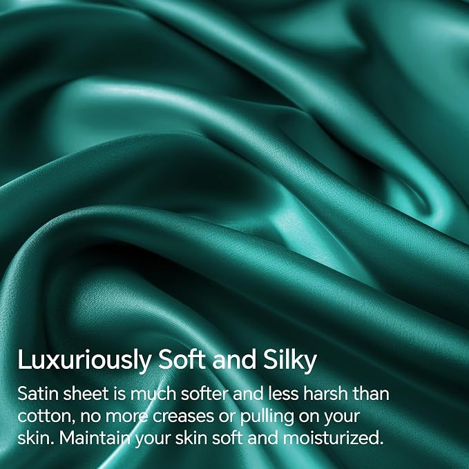 BEDELITE Satin Sheets Twin Size Bed Set, Luxury Soft Teal Silky Sheets - Image 3