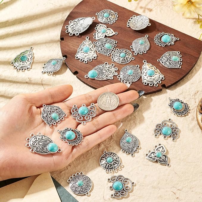 27Pcs Alloy Synthetic Turquoise Chandelier Component Links Charms, Vintage - Image 5