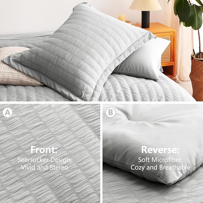 CozyLux Oversized King Comforter Set Light Grey Seersucker 7 Pieces 120x98 Bed - Image 4