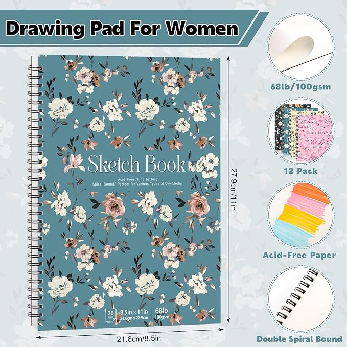 12 Pack Sketch Book, 8.5 x 11Inch Sketchbook, 68lb/100gsm Top Spiral Bound - Image 2