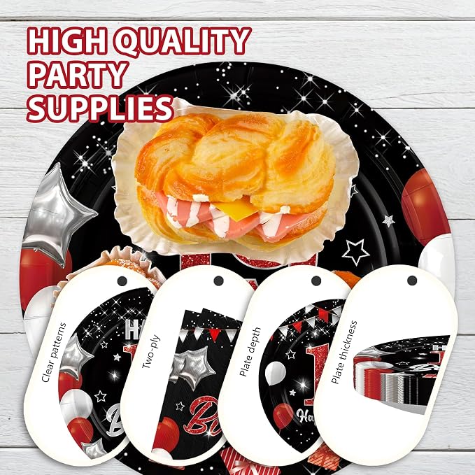 96Pcs Red and Black Party Decorations Happy 19th Birthday Plates and Napkins - Image 6