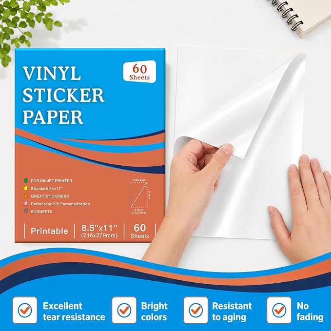 Aevdor 60-Sheet Glossy White Printable Vinyl Sticker Paper, Inkjet | Glossy - Image 4