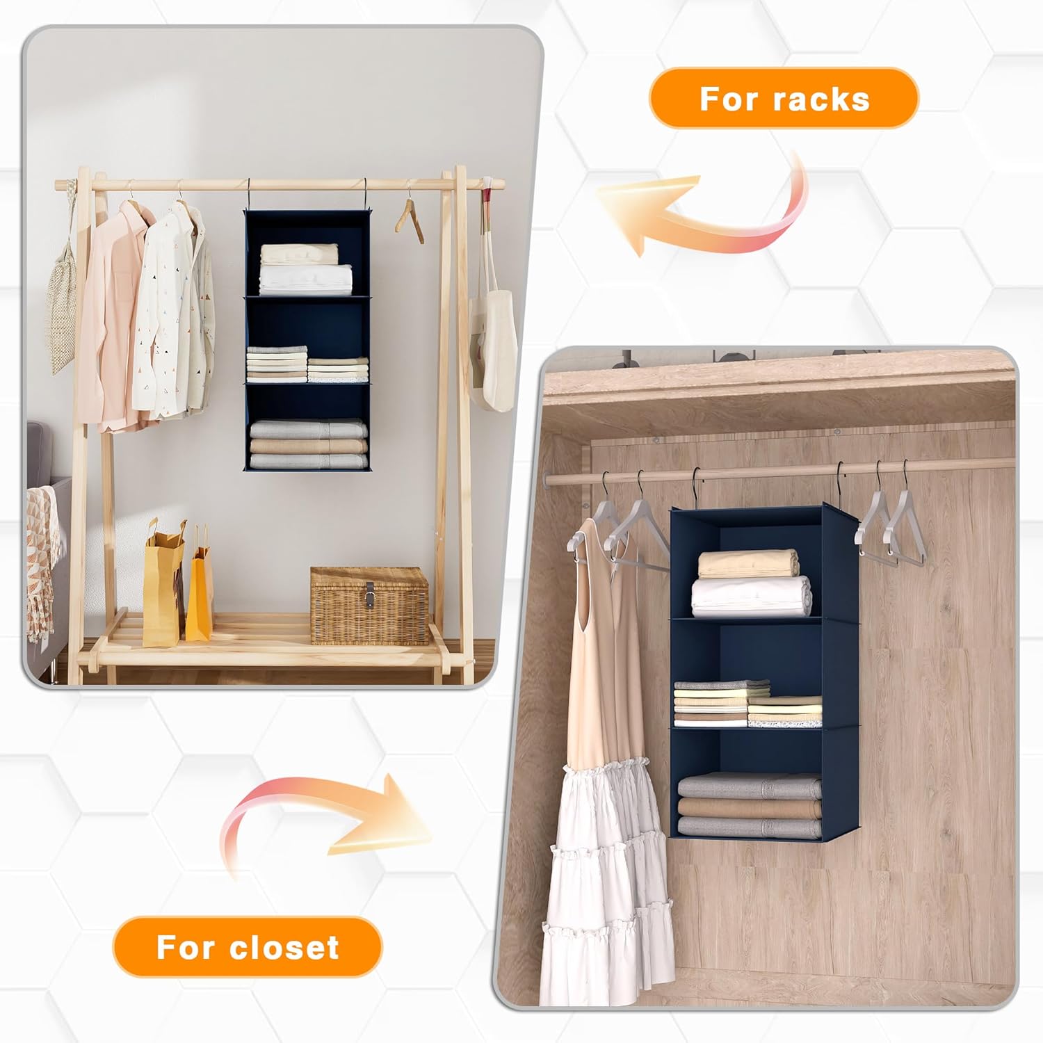 Hanging Closet Organizer - 3-Shelf, Easy Mount Foldable Wardrobe Storage Shelves for Clothes, Handbags, Shoes & Accessories - Washable Oxford Cloth Fabric, Navy Blue