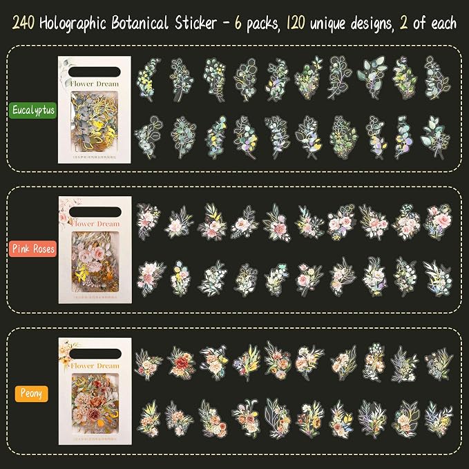 Dizdkizd Holographic Flower and Leaf Sticker Set, 240 Foil Gold Botanical - Image 4