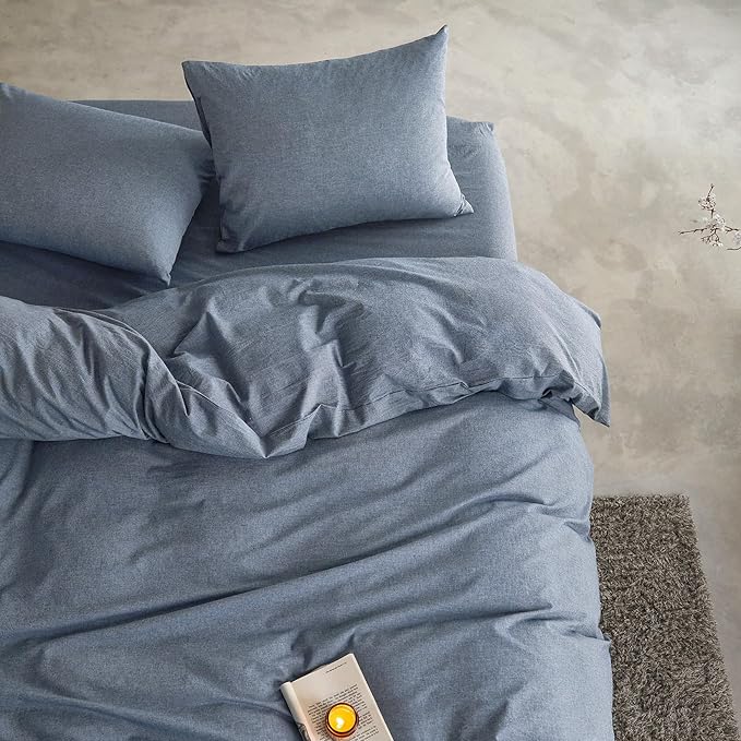 Wake In Cloud - Cotton Duvet Cover Set, Queen Size, Chambray Denim Blue - Image 5