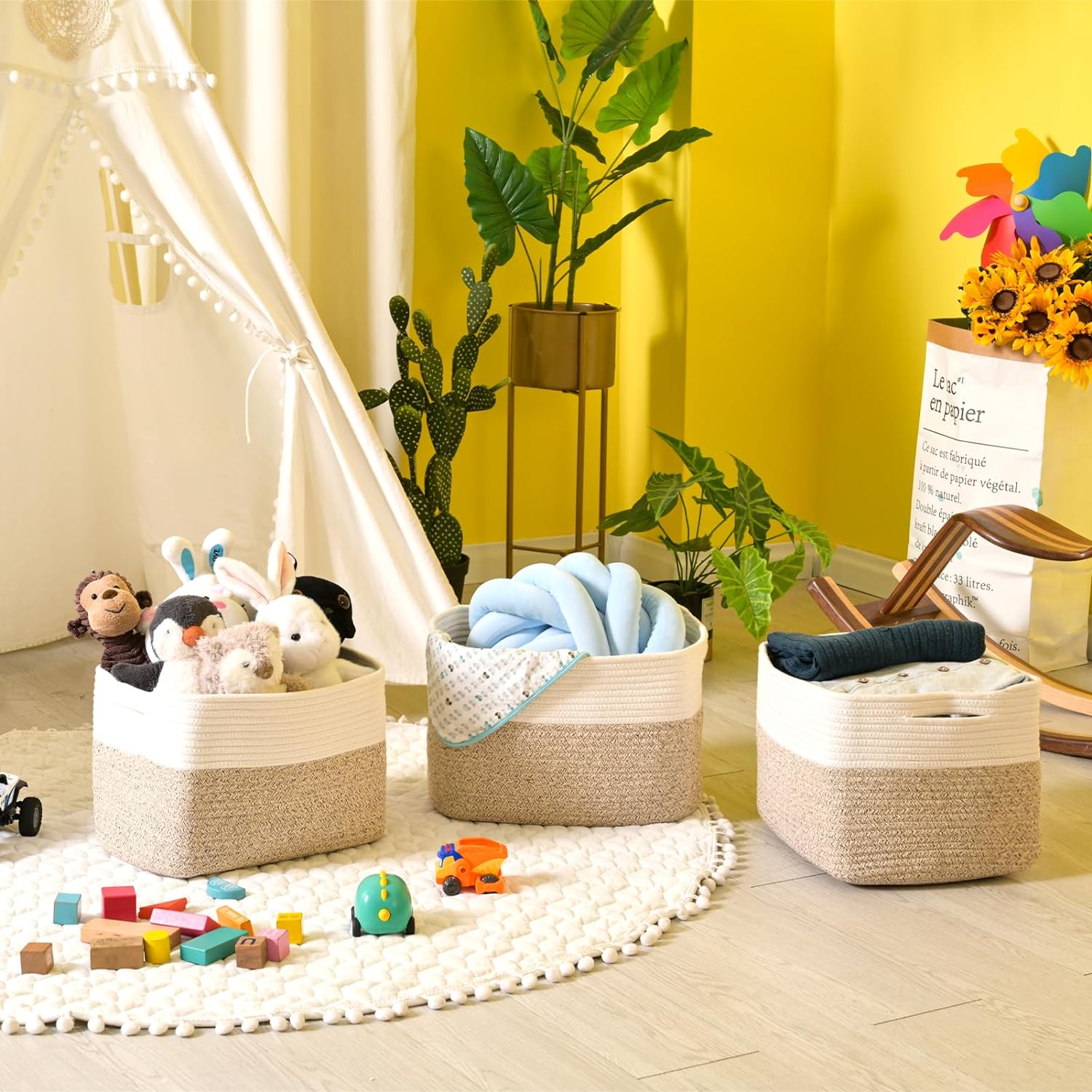 Storage Baskets for Organizing, Woven Cotton Rope Basket for Storage Books, Baby Organizing Baskets, Toy Storage Basket, 15"x11"x9.5", 3 Packs, Off White & Brown