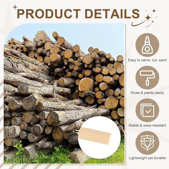MECCANIXITY 6Pcs Basswood Sticks, 1/4" x 1/4" x 8" Square Wooden Dowel Rods - Image 3