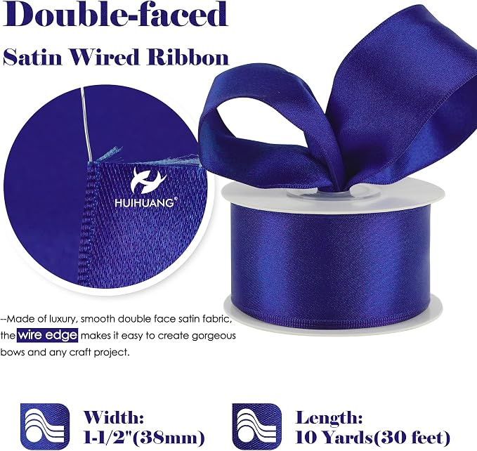 HUIHUANG Royal Blue Wired Ribbon 1-1/2 inch Cobalt Satin Wire Edge Ribbon - Image 2