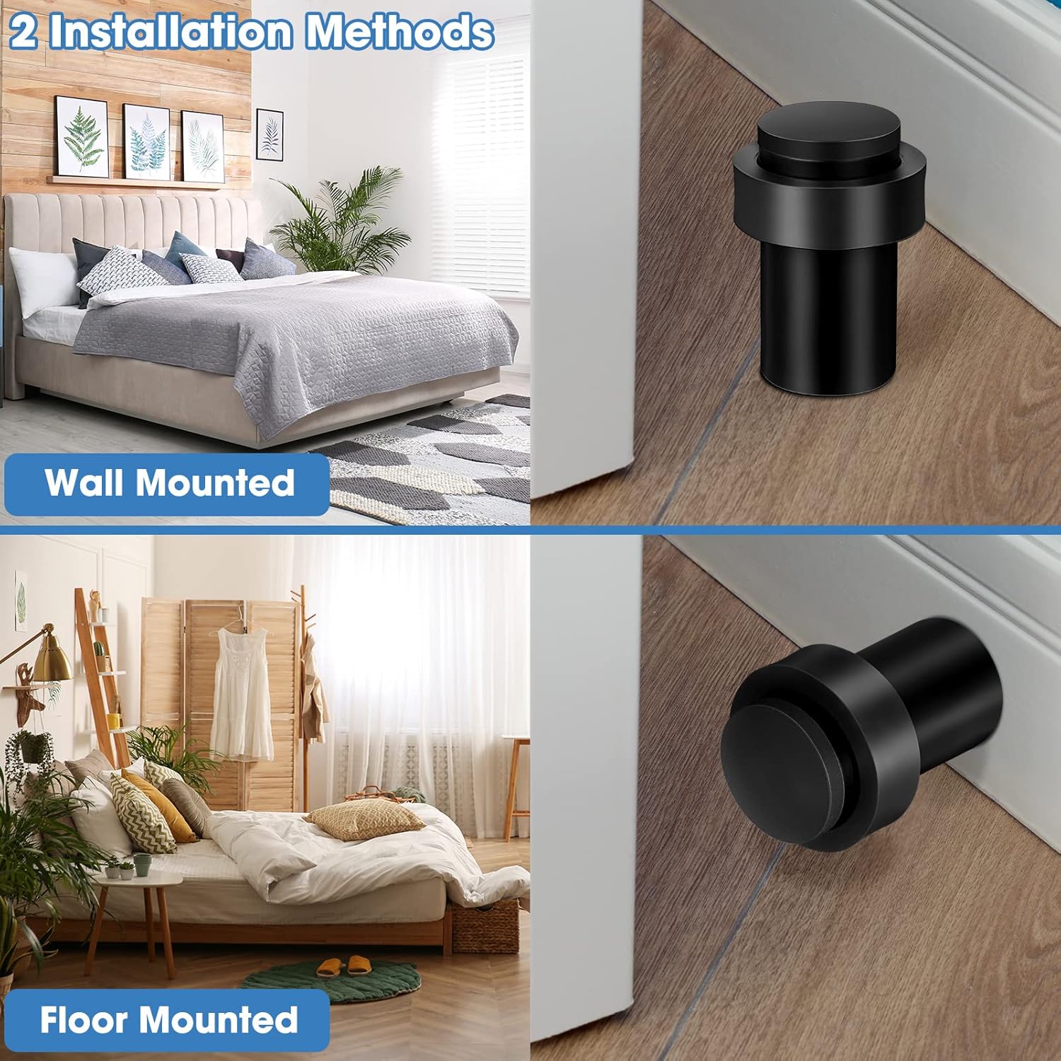 Chumia 6 Pcs Door Stopper Mounted Floor Stops Stainless Steel Cylindrical Stopper Modern Decorative Rubber Bumper Stops Holder Wall Protector for Bottom or Top of Door (Black)