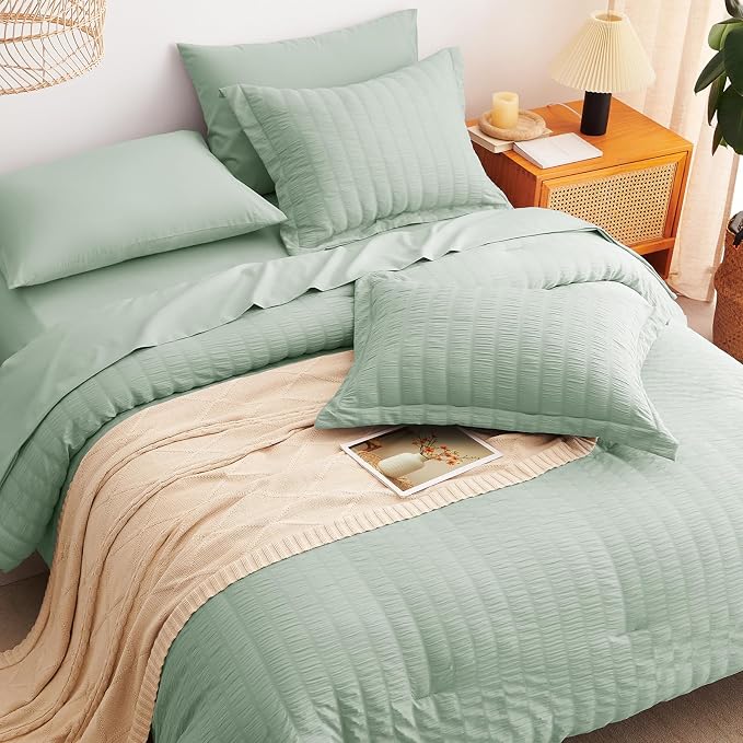 CozyLux Queen Comforter Set Sage Green Seersucker 7 Pieces Bed in a Bag Queen - Image 6