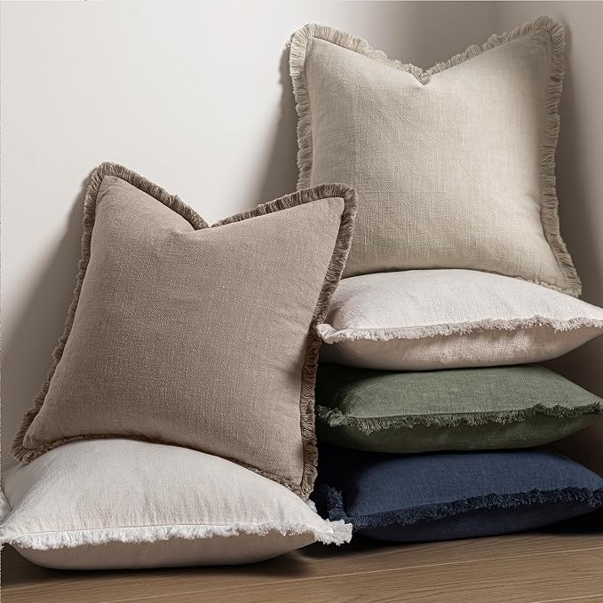 MIULEE Decorative Throw Pillow Covers Neutral Linen Fringe Throw Pillows Set of - Image 5