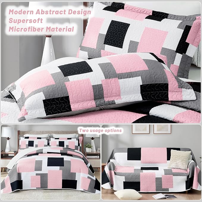 Tyrot 3 Piece Pink Grey Quilt Set Full/Queen Size Pink Gray White Geometric - Image 3