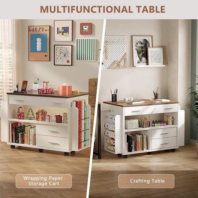 Gift Wrap Storage Cart with Foldable Drop Leaf, Crafting Table with Storage | - Image 9