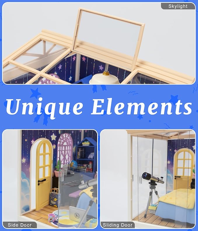 Starry Night Bedroom Miniature House Kit, DIY Space-Themed Dollhouse - Image 5