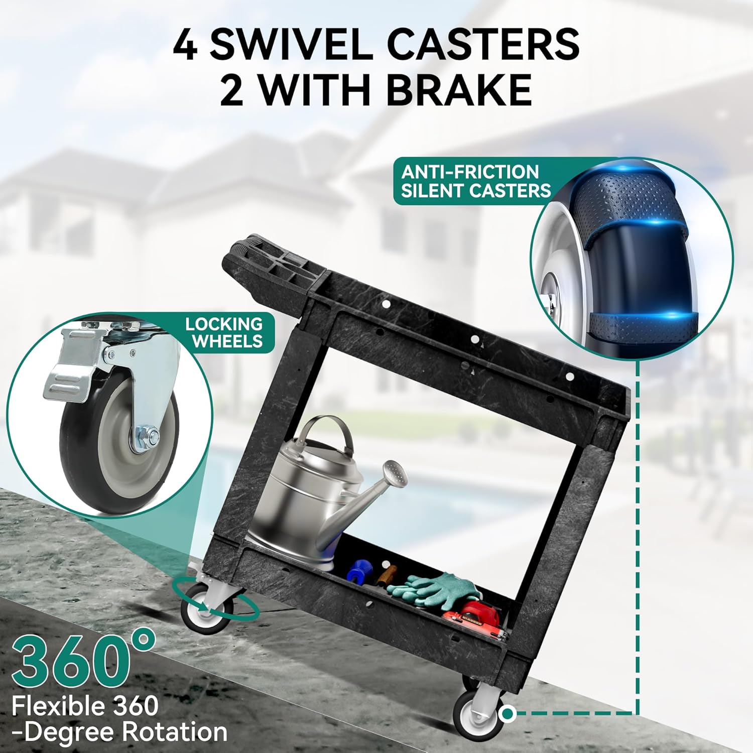 YITAHOME Utility Cart on Wheels, Plastic Tool Cart 550 lbs Capacity Service Cart, 40 x 17 Inch 2 Shelf Extra Heavy Duty Rolling Work Carts for Warehouse, Garage, School & Office, Cleaning, Black
