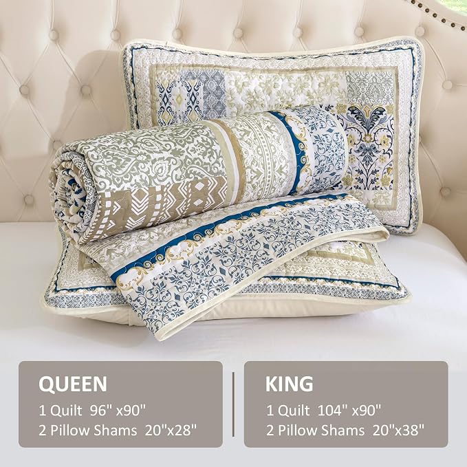 WONGS BEDDING Boho Quilt Set Queen, 3 Pieces Beige Patchwork Bedspread Coverlet - Image 6