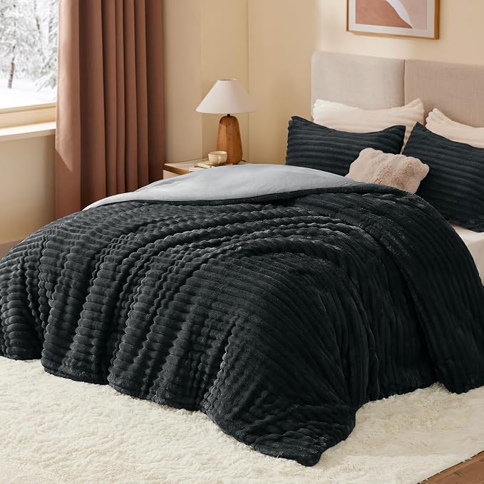 BEDELITE Fleece Queen Comforter Set -Super Soft & Warm Fluffy Black Bedding - Image 2