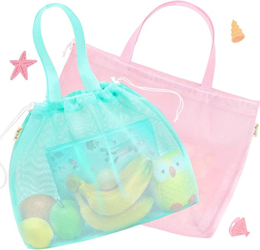 Tagitary Beach Toys Kids Beach Bag Tote with Drawstring, Pink Blue Mesh Bag Travel Beach Essentials for Kids Swim Pool Gym Bag Camping Accessories Toys Storage Lightweight Foldable Birthday Gifts