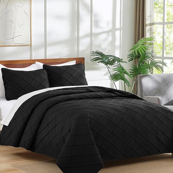 Yiran Black Quilt Set King Size Bedding Set Fall Bedspreads Embossed Diamond - Image 3
